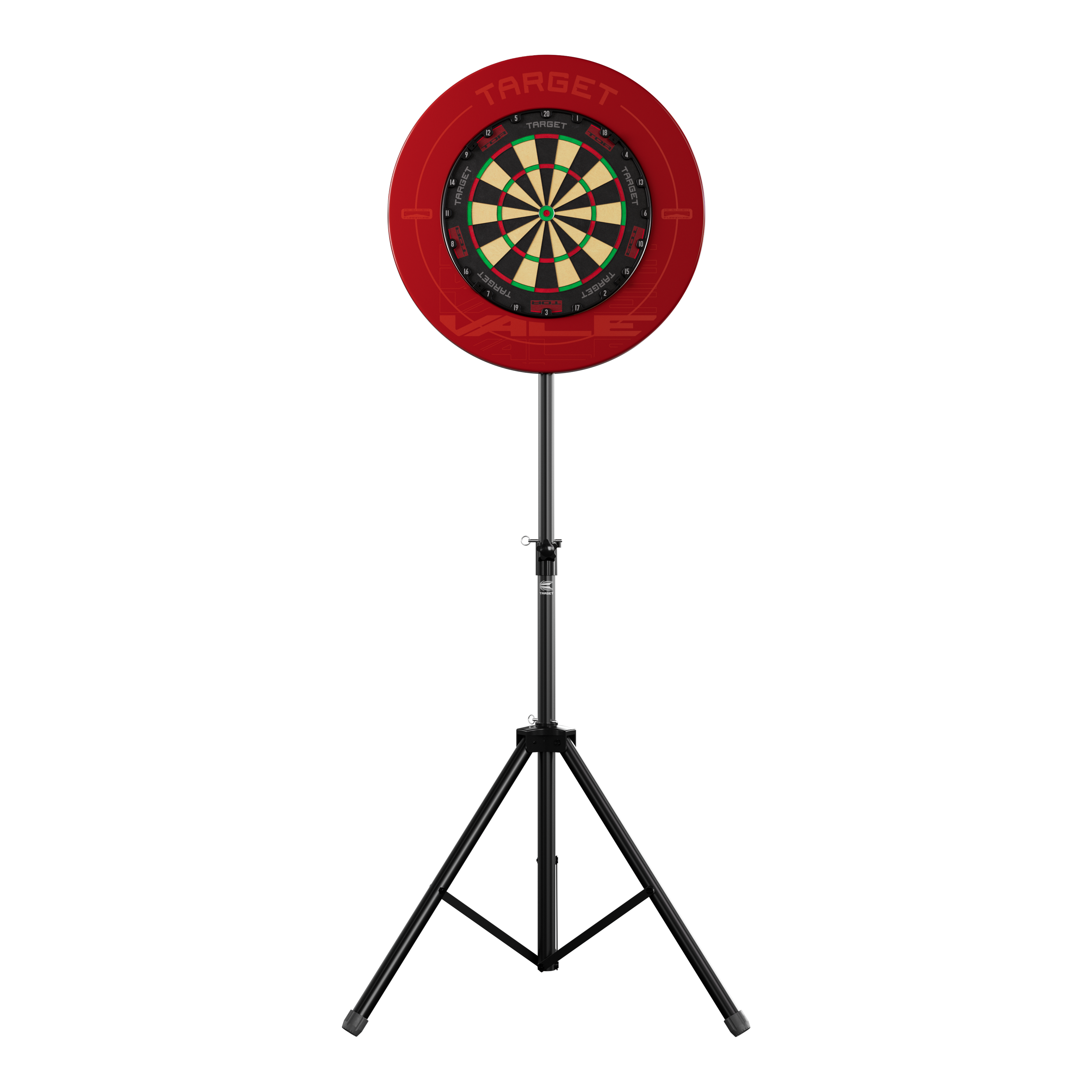 Das Bild zeigt einen Dartboard-Ständer mit einer roten Umrandung und einer klassischen Dartscheibe. Der Ständer steht stabil auf drei Beinen und trägt das Produkt "Target Dartboard Stand".